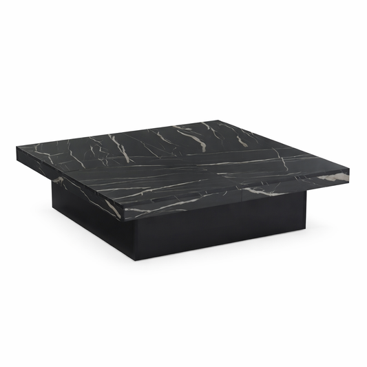Table Basse Carrée 90 × 90 cm – Effet Marbre Noir & Rangement