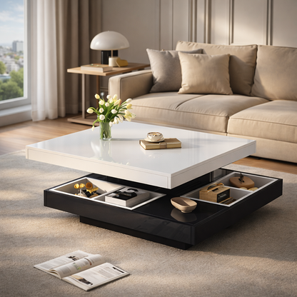 Table Basse Carrée 70 × 70 cm – Plateau Rotatif & Rangement