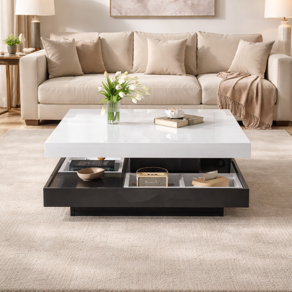 Table Basse Carrée 70 × 70 cm – Plateau Rotatif & Rangement