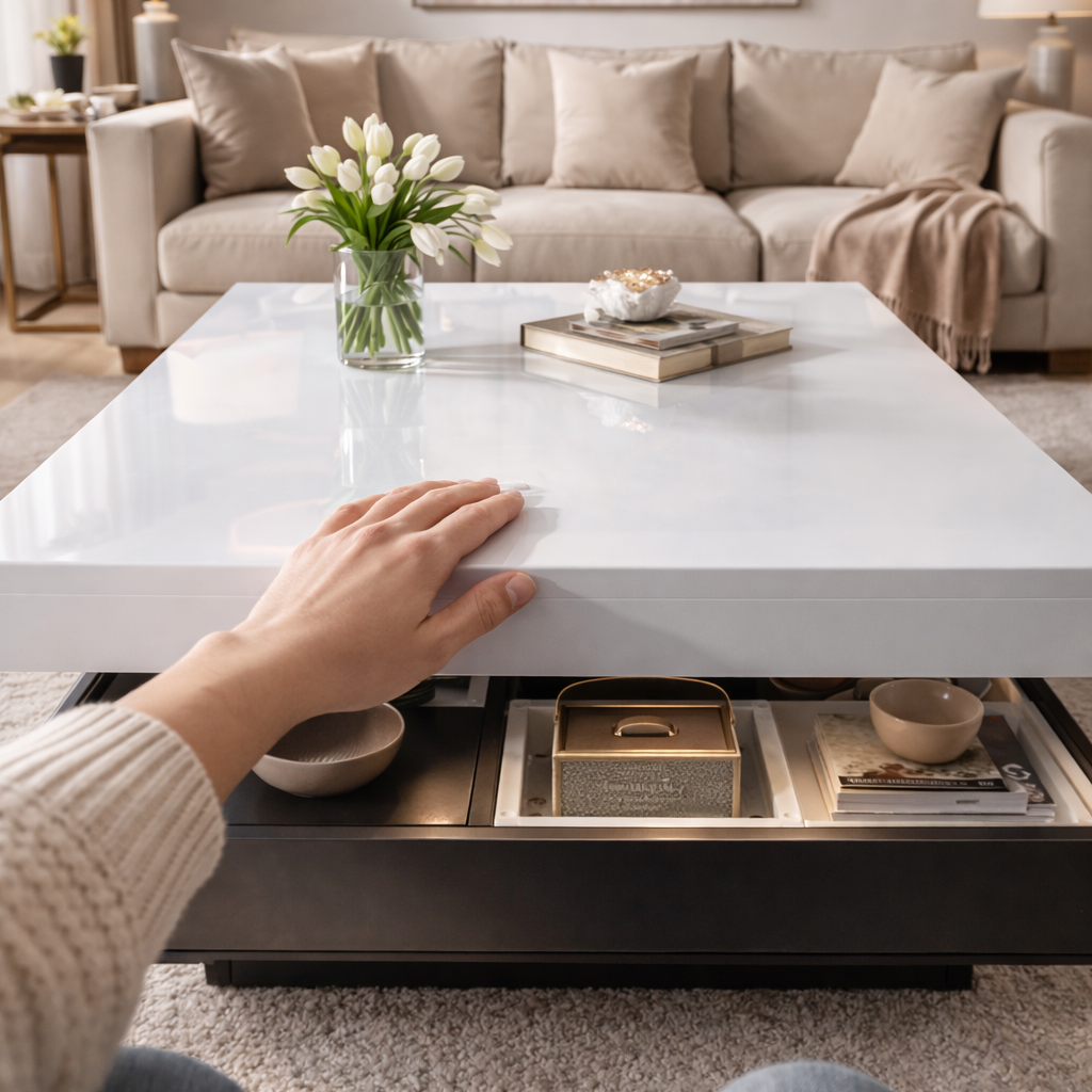 Table Basse Carrée 70 × 70 cm – Plateau Rotatif & Rangement