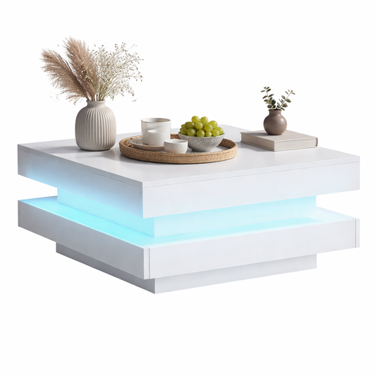 Table Basse Carrée 70 × 70 cm – LED Bluetooth Blanc Brillant