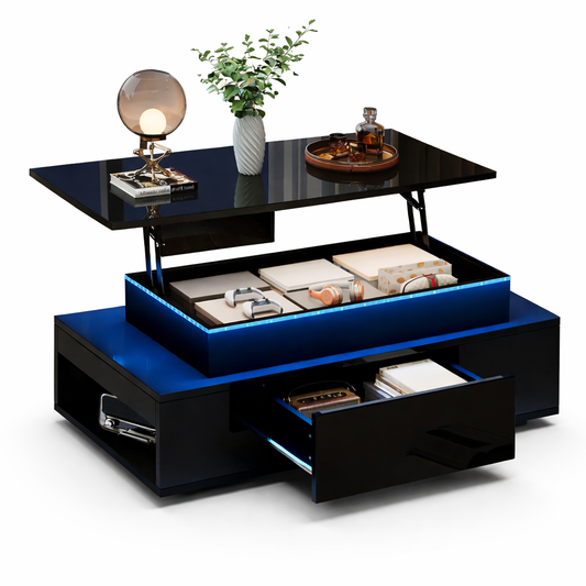 Table Basse Rectangulaire 96 × 45 cm – LED RGB & Rangement Noir Brillant