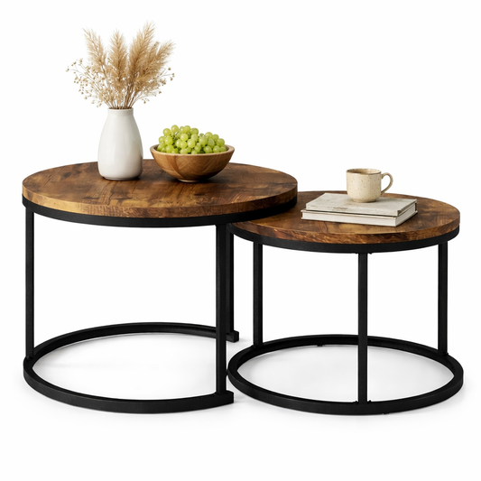Tables Basses Gigognes Rondes – Lot de 2 Bois Marron & Métal Noir