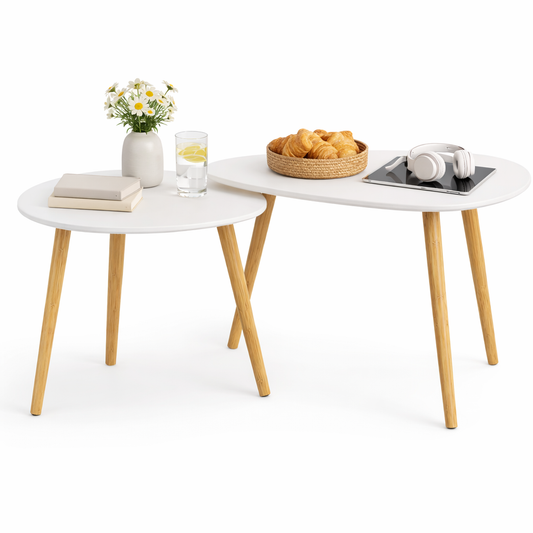 Tables Basses Gigognes Ovales – Lot de 2 Design Scandinave Blanc & Bois