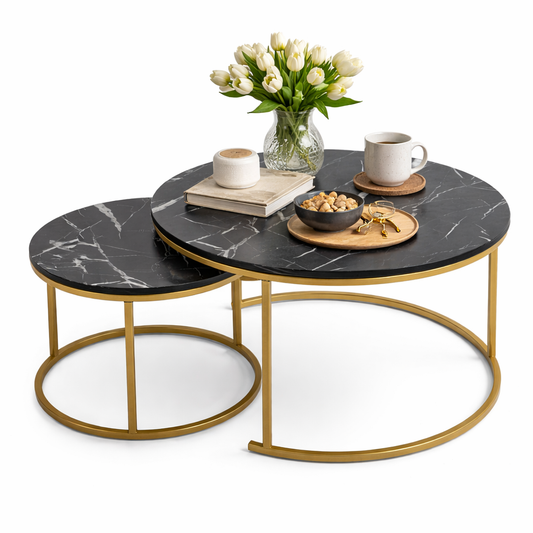 Tables Basses Gigognes Rondes – Lot de 2 Effet Marbre Noir & Métal