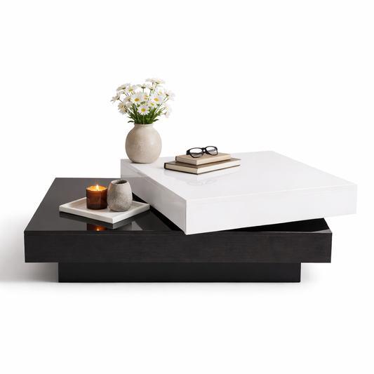 Table Basse Rectangulaire 103 × 60 cm – Plateau Rotatif Blanc & Noir
