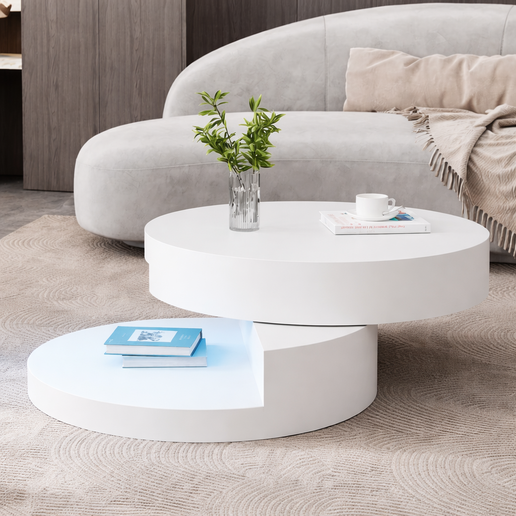 Table Basse Ronde 70 × 70 cm – LED & Plateau Rotatif