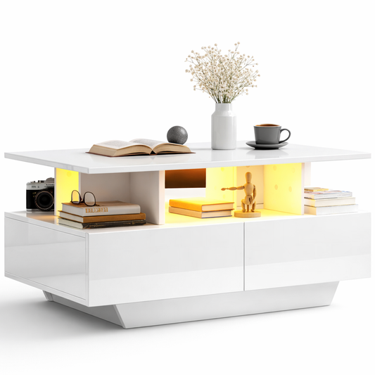 Table Basse Rectangulaire 90 × 55 cm – LED & Rangement Blanc