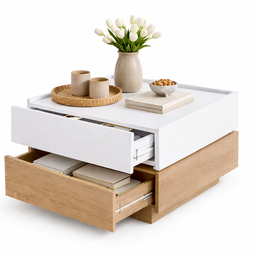 Table Basse Carrée 60 × 60 cm – Plateau Rotatif & Rangement